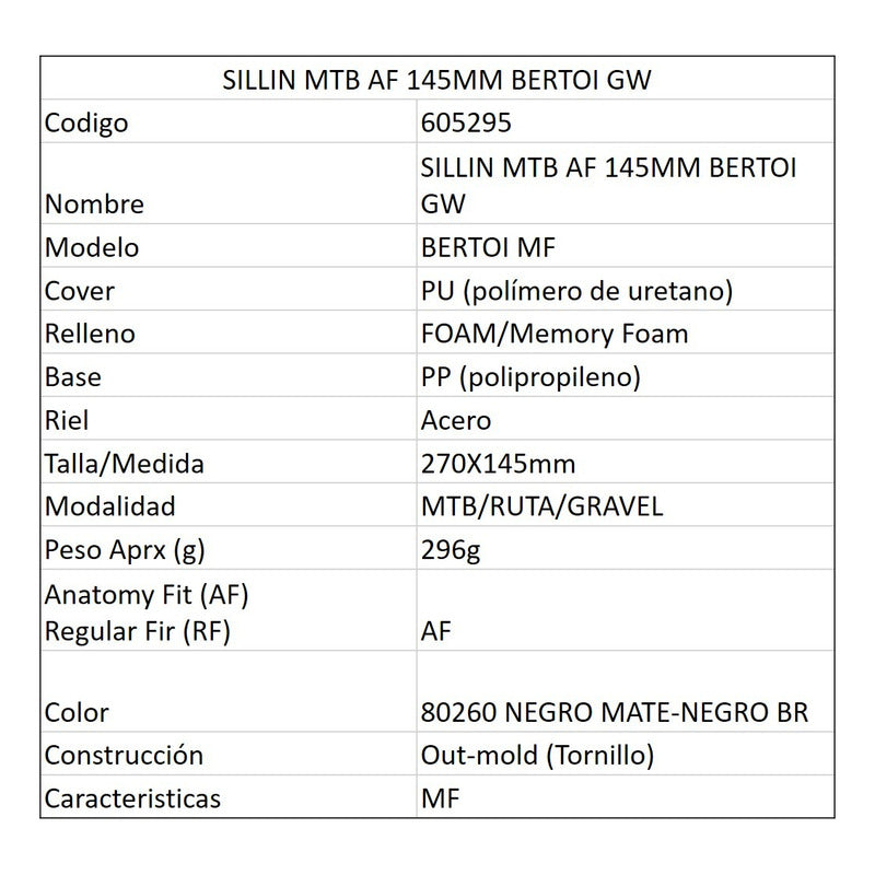Sillin Bicicleta Gw Bertoi Original Mtb Ruta Negro 27 Cm 14.5 Cm